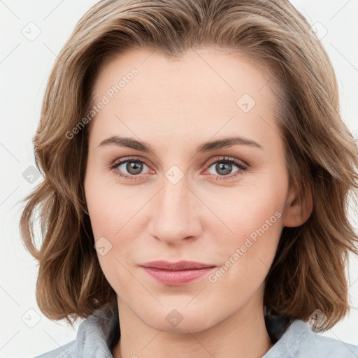 Joyful white young-adult female with medium  brown hair and blue eyes