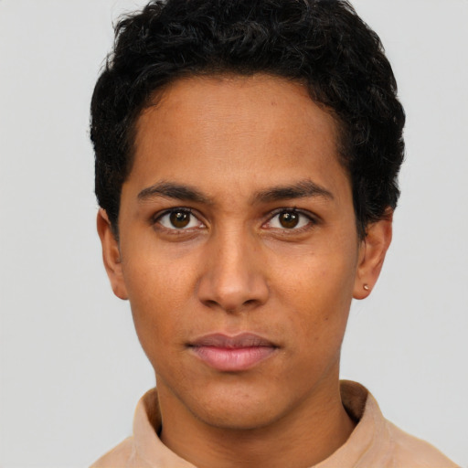 Neutral latino young-adult male with short  black hair and brown eyes