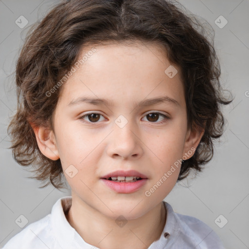 Joyful white child female with medium  brown hair and brown eyes