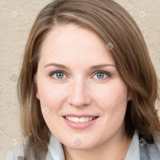 Joyful white young-adult female with medium  brown hair and green eyes