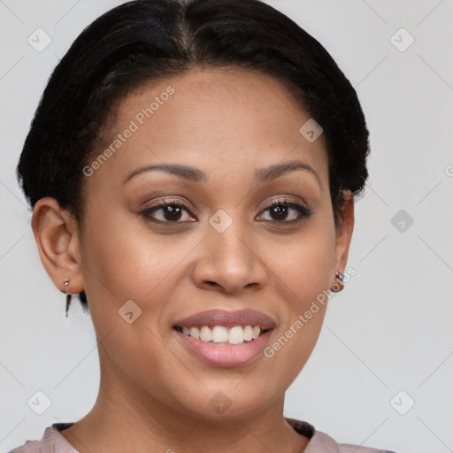 Joyful asian young-adult female with short  brown hair and brown eyes