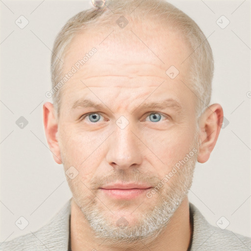 Neutral white adult male with short  brown hair and grey eyes