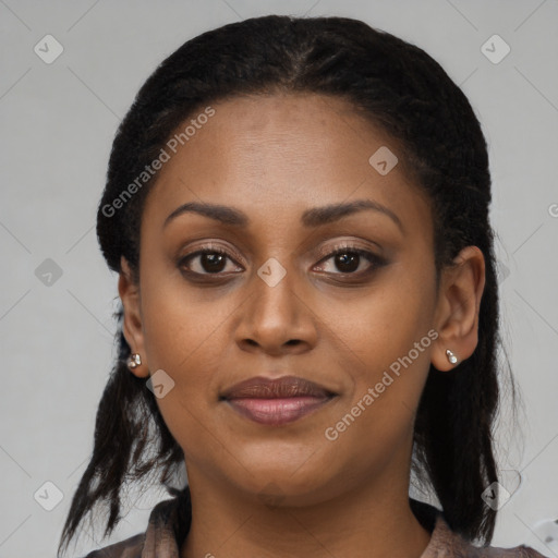 Joyful latino young-adult female with medium  black hair and brown eyes