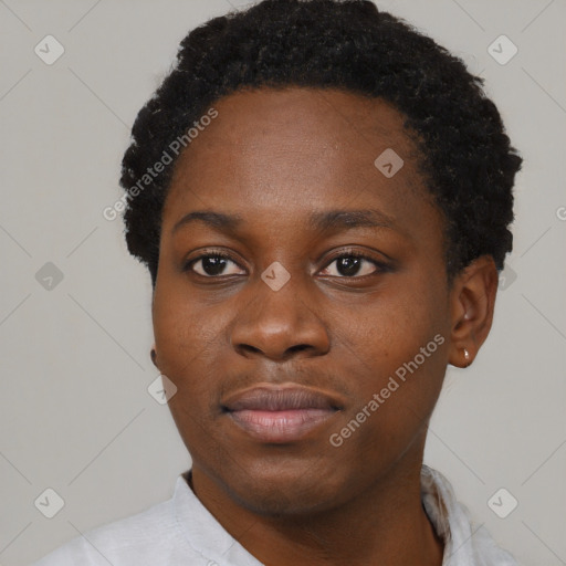 Neutral black young-adult female with short  black hair and brown eyes