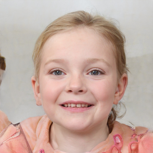 Joyful white child female with medium  brown hair and blue eyes