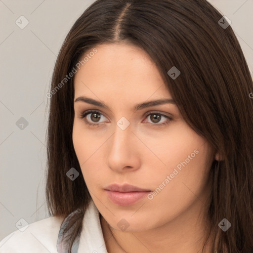 Neutral white young-adult female with long  brown hair and brown eyes