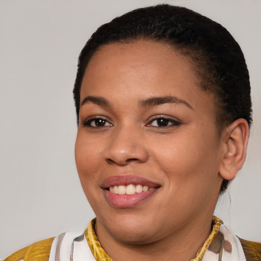 Joyful latino young-adult female with short  brown hair and brown eyes
