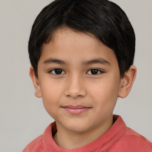 Joyful asian child male with short  brown hair and brown eyes