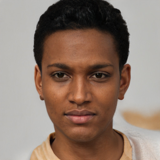 Neutral black young-adult male with short  black hair and brown eyes