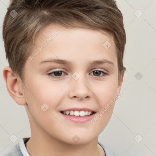 Joyful white child female with short  brown hair and brown eyes