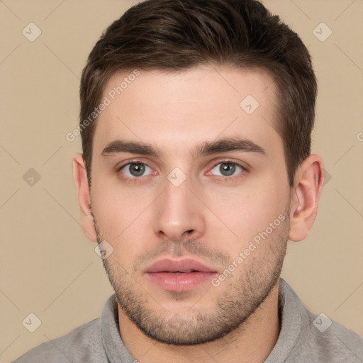 Neutral white young-adult male with short  brown hair and brown eyes