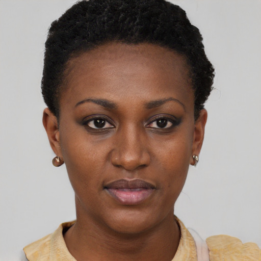 Neutral black young-adult female with short  black hair and brown eyes