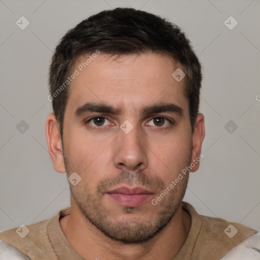 Neutral white young-adult male with short  brown hair and brown eyes