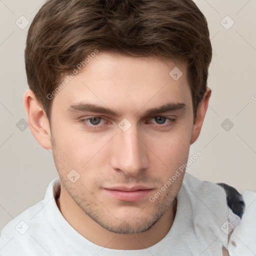 Neutral white young-adult male with short  brown hair and brown eyes