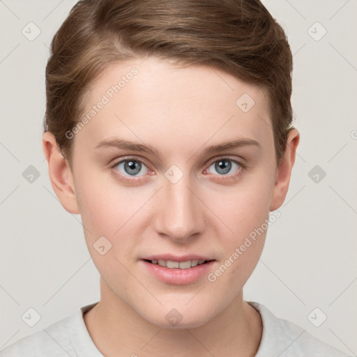 Joyful white young-adult female with short  brown hair and grey eyes