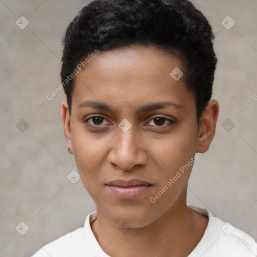 Joyful latino young-adult female with short  brown hair and brown eyes