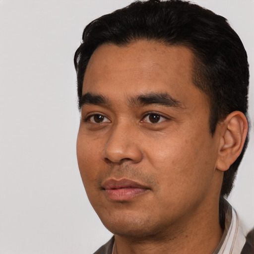 Neutral asian young-adult male with short  black hair and brown eyes