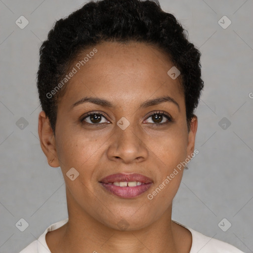 Joyful black young-adult female with short  brown hair and brown eyes