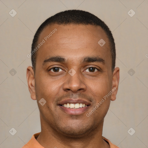 Joyful latino young-adult male with short  brown hair and brown eyes