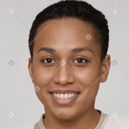 Joyful latino young-adult female with short  brown hair and brown eyes