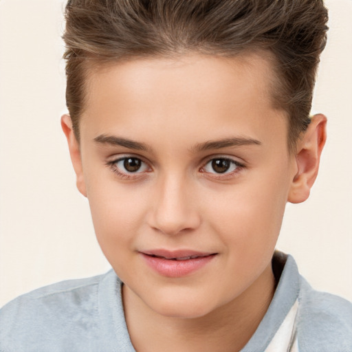 Joyful white child female with short  brown hair and brown eyes