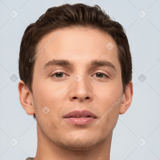 Neutral white young-adult male with short  brown hair and brown eyes