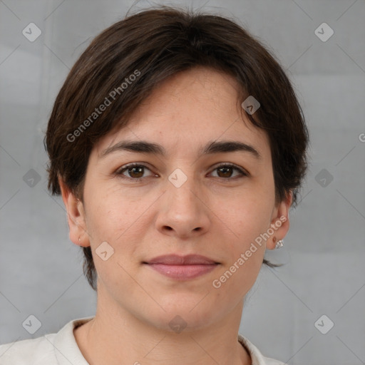 Joyful white young-adult female with medium  brown hair and brown eyes