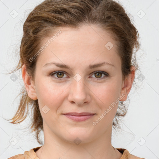 Joyful white young-adult female with medium  brown hair and blue eyes