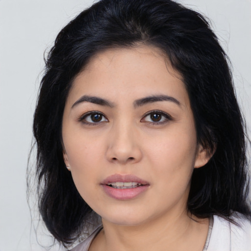 Neutral asian young-adult female with medium  black hair and brown eyes