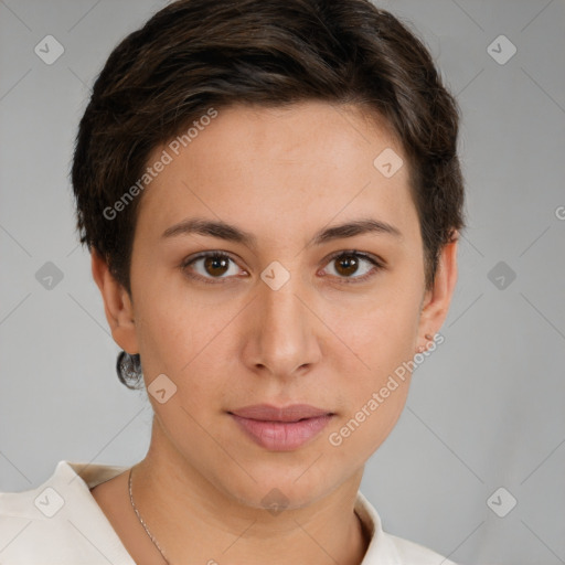 Joyful white young-adult female with short  brown hair and brown eyes