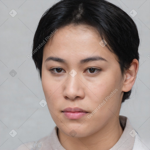 Neutral asian young-adult female with short  brown hair and brown eyes