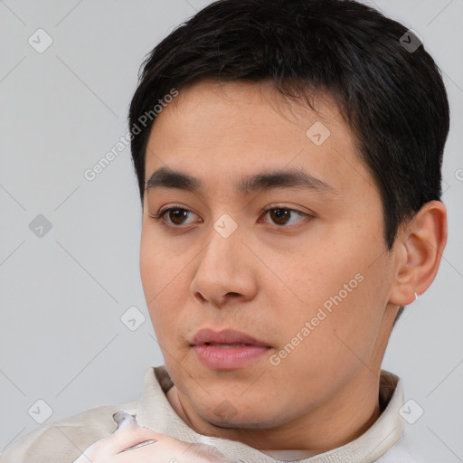 Neutral asian young-adult male with short  black hair and brown eyes