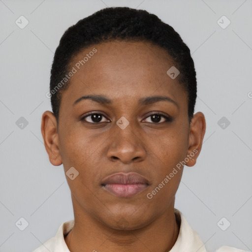 Neutral black young-adult female with short  black hair and brown eyes