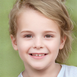 Joyful white child female with short  brown hair and grey eyes