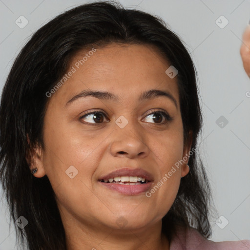 Joyful white young-adult female with medium  brown hair and brown eyes