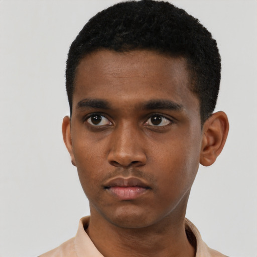 Neutral black young-adult male with short  black hair and brown eyes