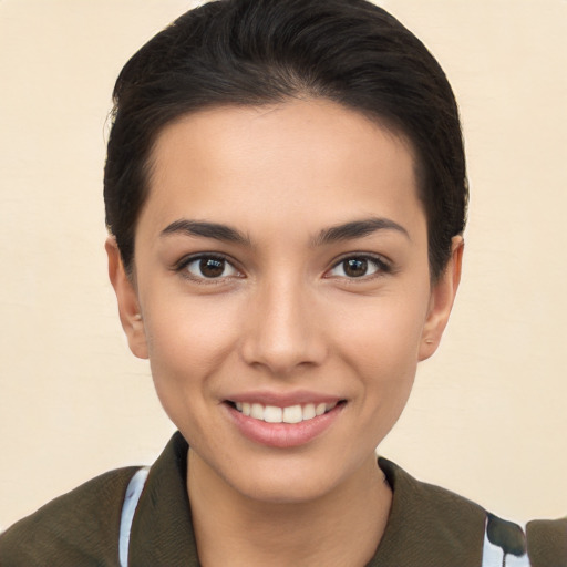 Joyful white young-adult female with short  brown hair and brown eyes