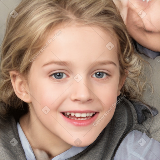 Joyful white child female with medium  brown hair and grey eyes