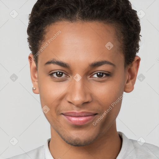 Joyful black young-adult female with short  brown hair and brown eyes