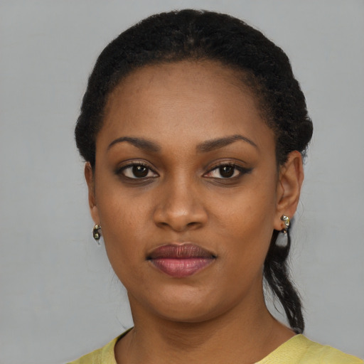 Neutral black young-adult female with short  black hair and brown eyes