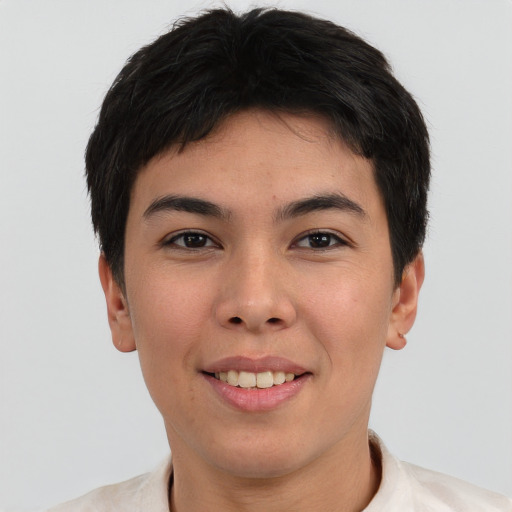 Joyful asian young-adult female with short  brown hair and brown eyes