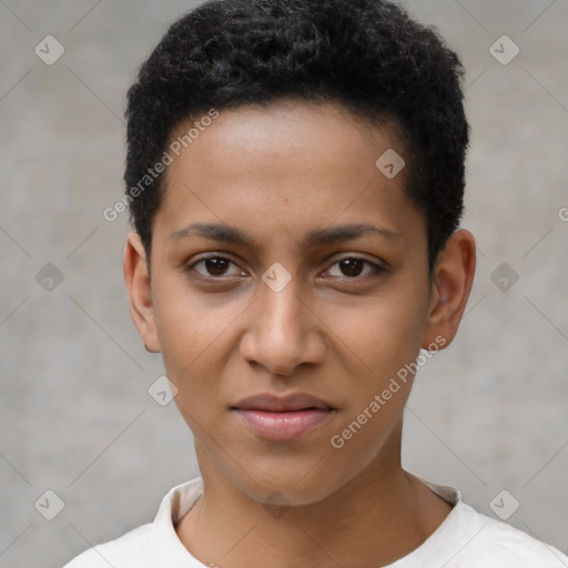 Joyful black young-adult female with short  brown hair and brown eyes