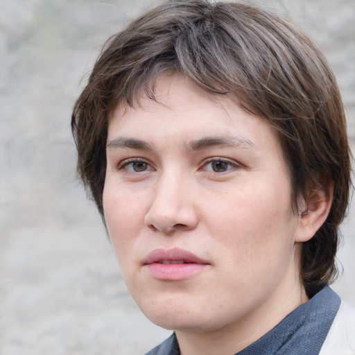 Neutral white young-adult female with medium  brown hair and grey eyes