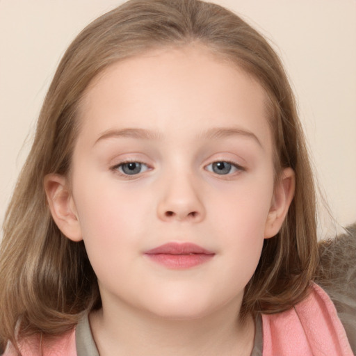 Neutral white child female with medium  brown hair and grey eyes