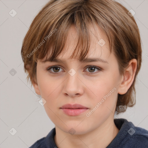 Neutral white young-adult female with medium  brown hair and grey eyes