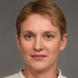 Joyful white adult female with short  brown hair and grey eyes