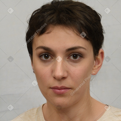 Neutral white young-adult female with short  brown hair and brown eyes