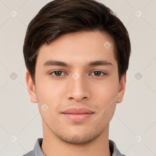 Neutral white young-adult male with short  brown hair and brown eyes