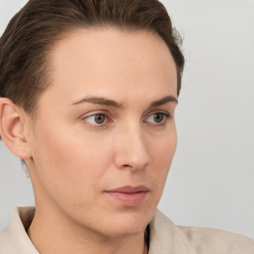 Neutral white young-adult female with short  brown hair and brown eyes