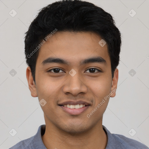 Joyful latino young-adult male with short  black hair and brown eyes